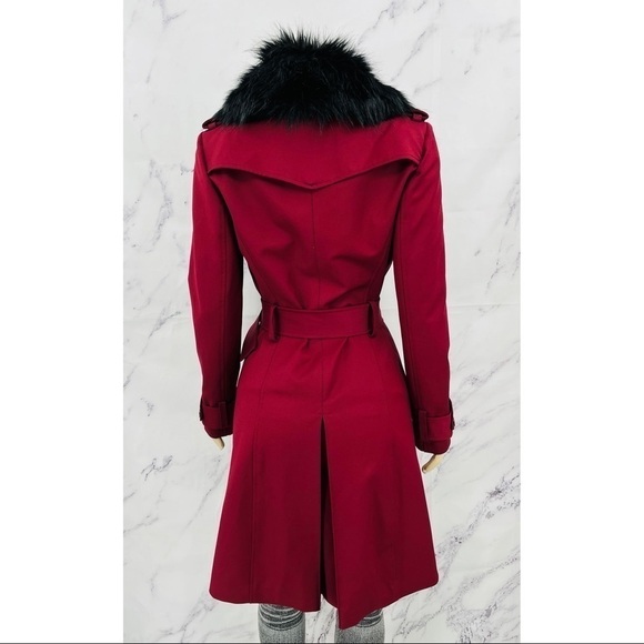 Runway New York Faux Fur Double Breasted Trench Coat Deep Red - Picture 2 of 6
